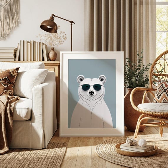 Cool Bear Wall Art Funny Sunglasses Animal Print For Modern Decor