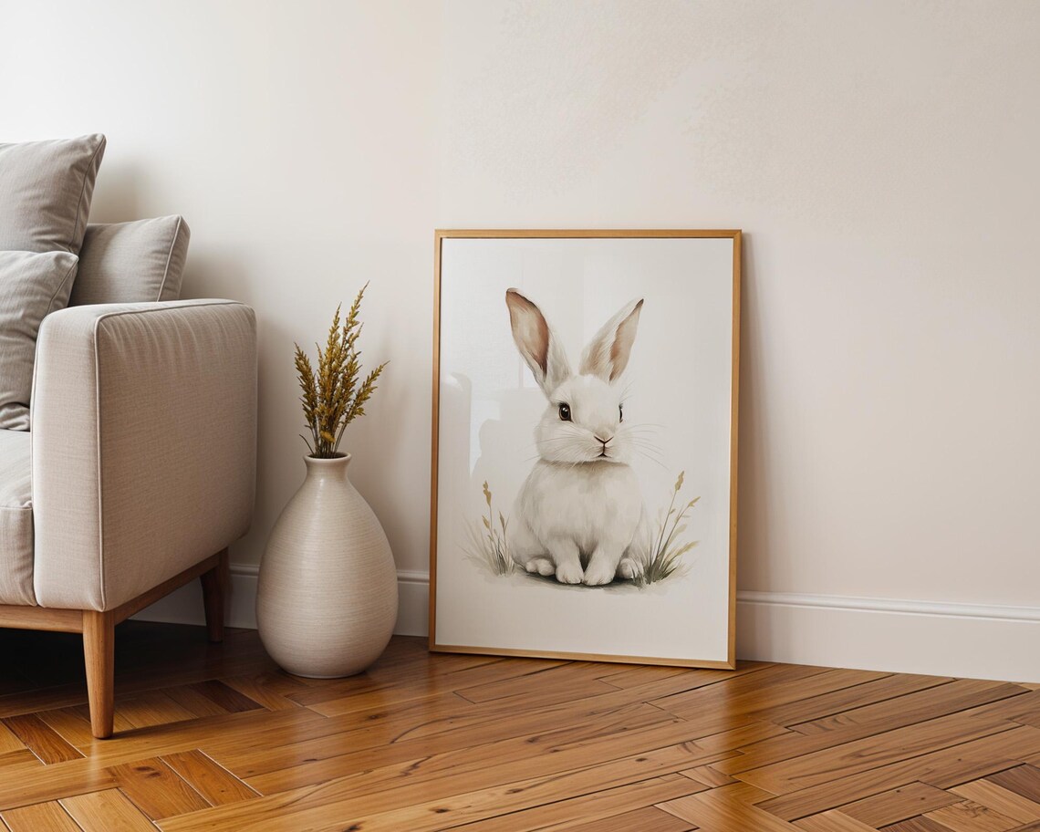 Soft White Rabbit Watercolor Animal Kids Room Nursery Decor Poster - Image 6