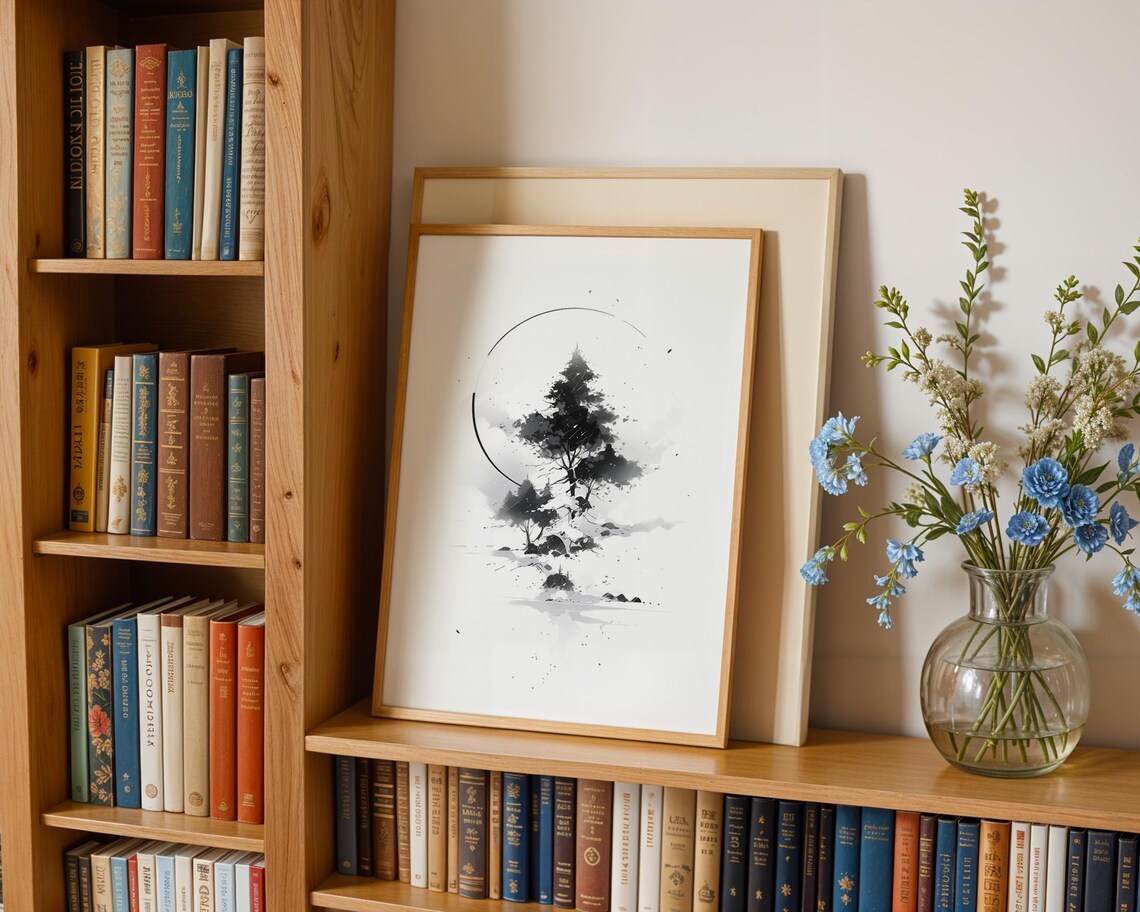 Black Ink Tree With Circle, Minimalist Art Print - Image 2