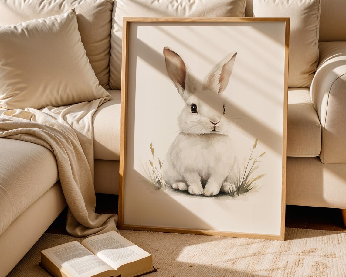 Soft White Rabbit Watercolor Animal Kids Room Nursery Decor Poster