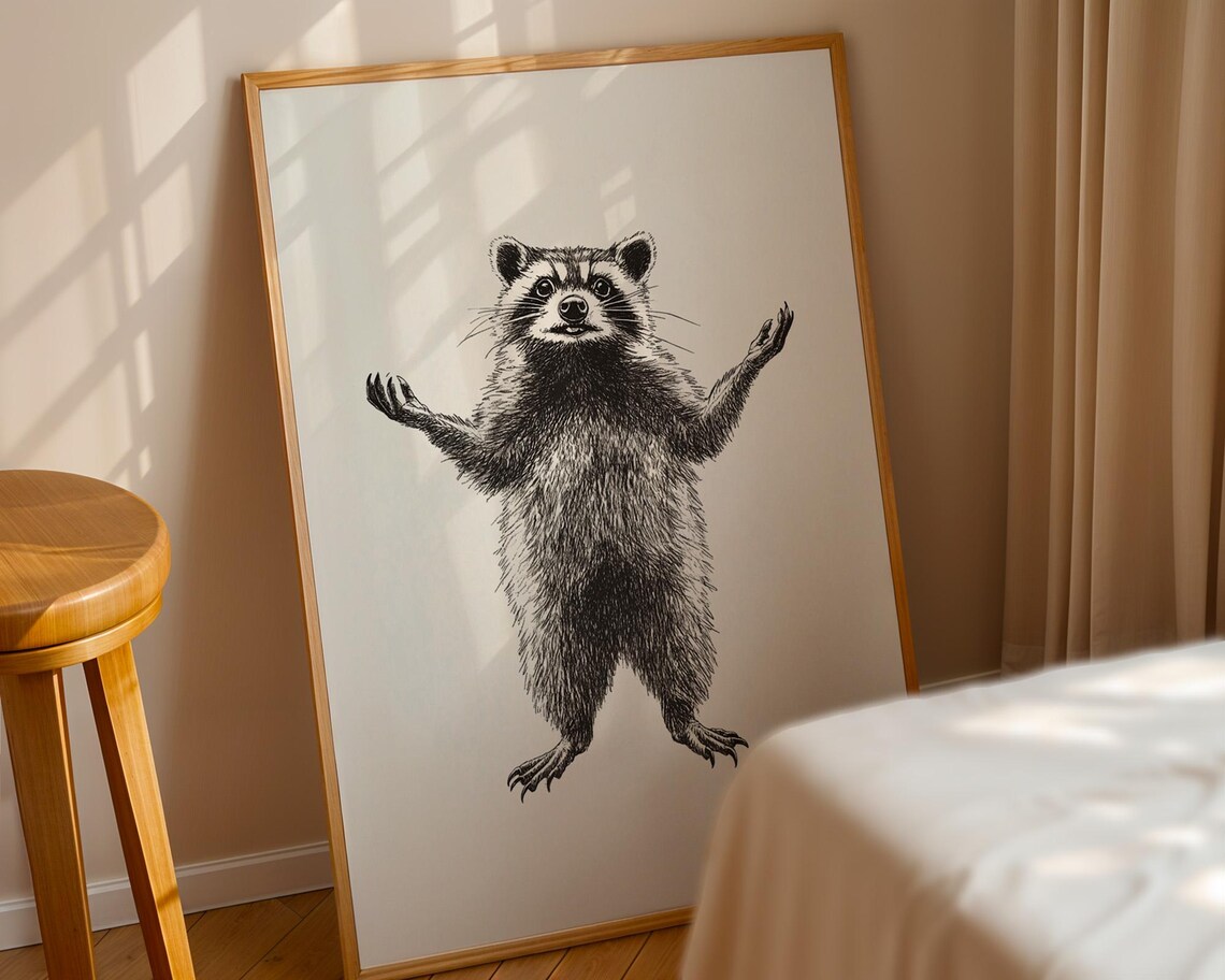 Vintage Standing Raccoon Engraving Animal Poster for Rustic Office Decor - Image 3