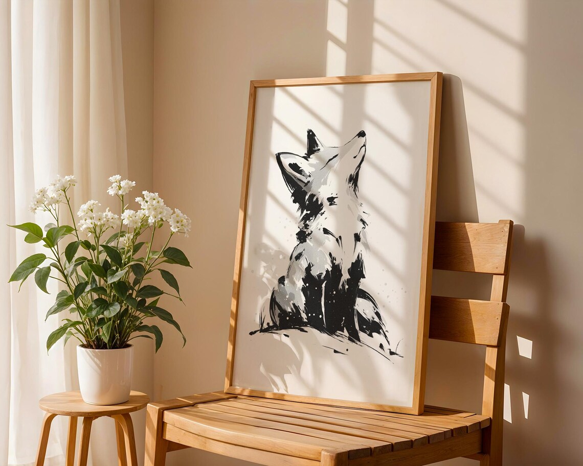 Monochrome Fox Gazing Up in Japanese Ink Wash Wall Art in Bold Black Brushstrokes - Image 5