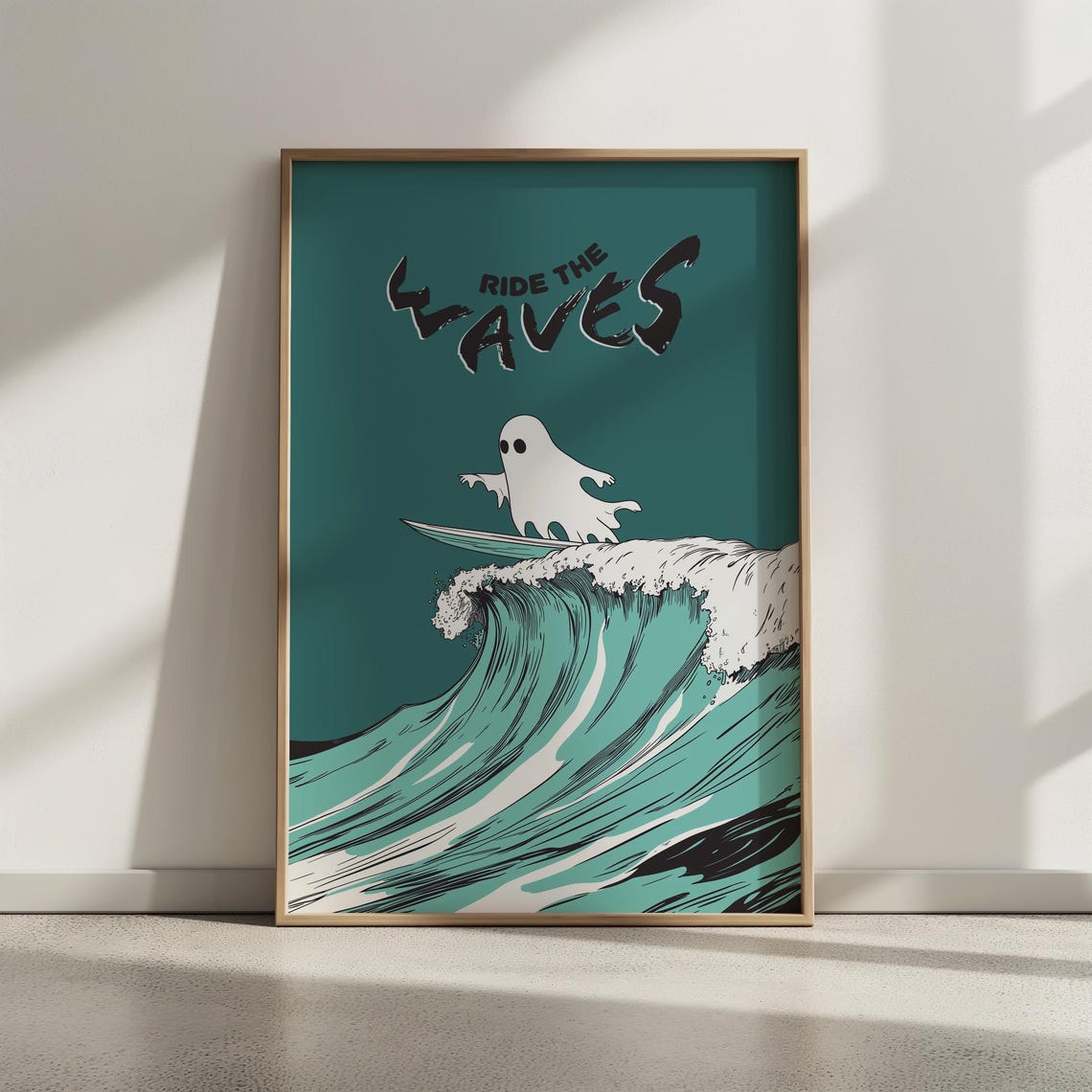 Ride the Waves Cute Ghost Surfing Bold Teal Retro Wave Wall Art - Image 3