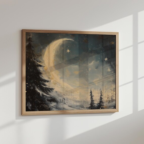 Melting Winter Moon Starry Night Scene Seasonal Decor Diy Holiday Decor Christmas Wall Print Mantle Decor Winter Mountain