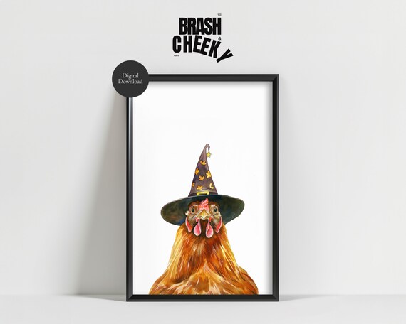Chicken In Witch Hat Watercolor Cute Halloween Hen Portrait Poster