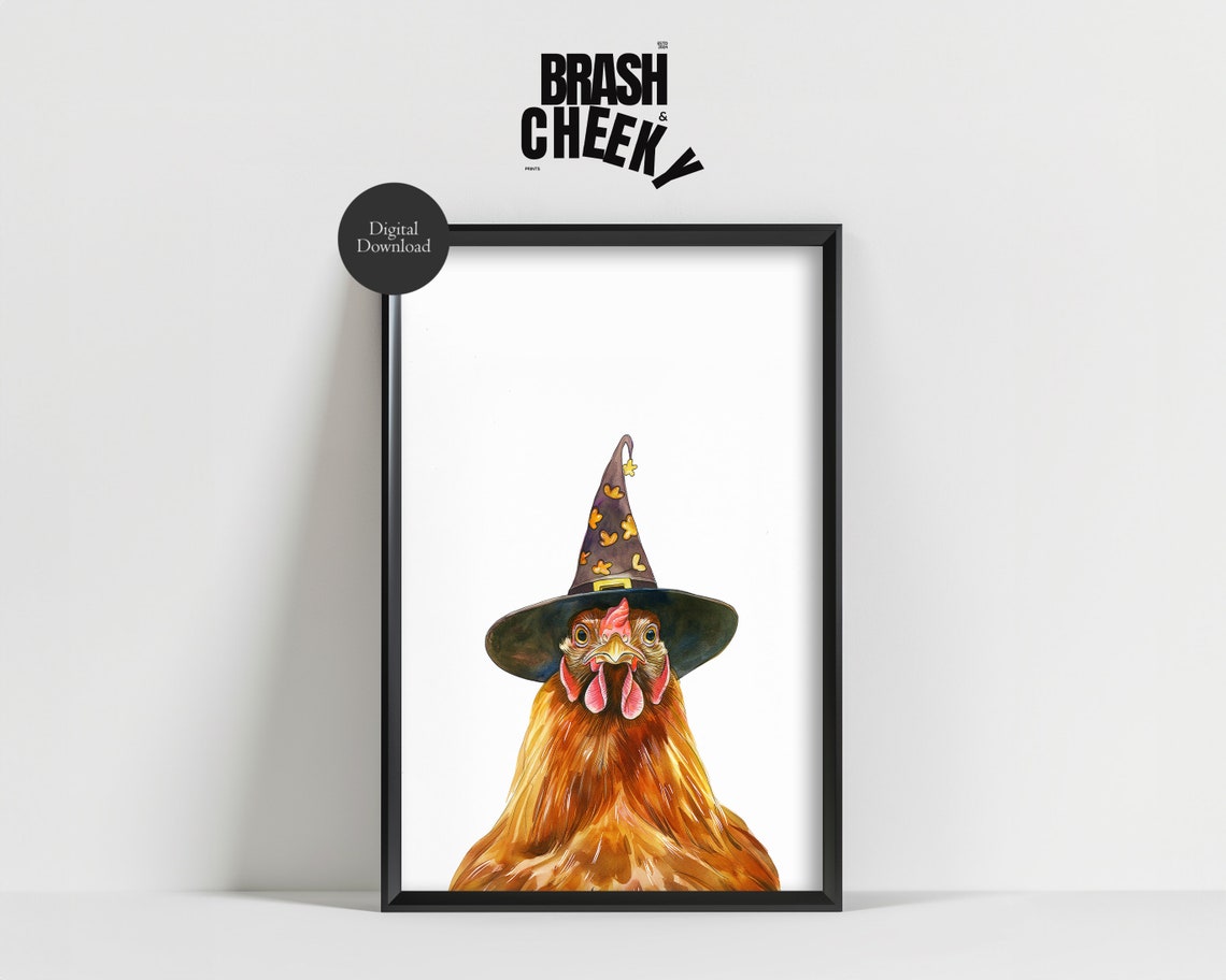 Chicken In Witch Hat Watercolor Cute Halloween Hen Portrait Poster