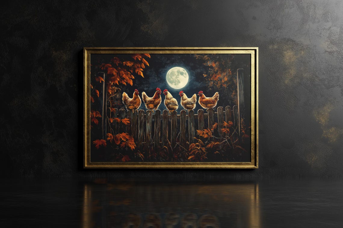 Moonlit Hens On Fence At Night Full Moon Fall Farm Art Poster - Image 2