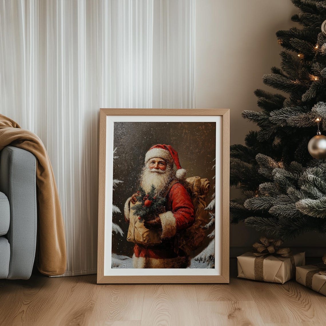 Vintage Santa Claus with Gift Sack Snowy Night Christmas Wall Art - Image 2