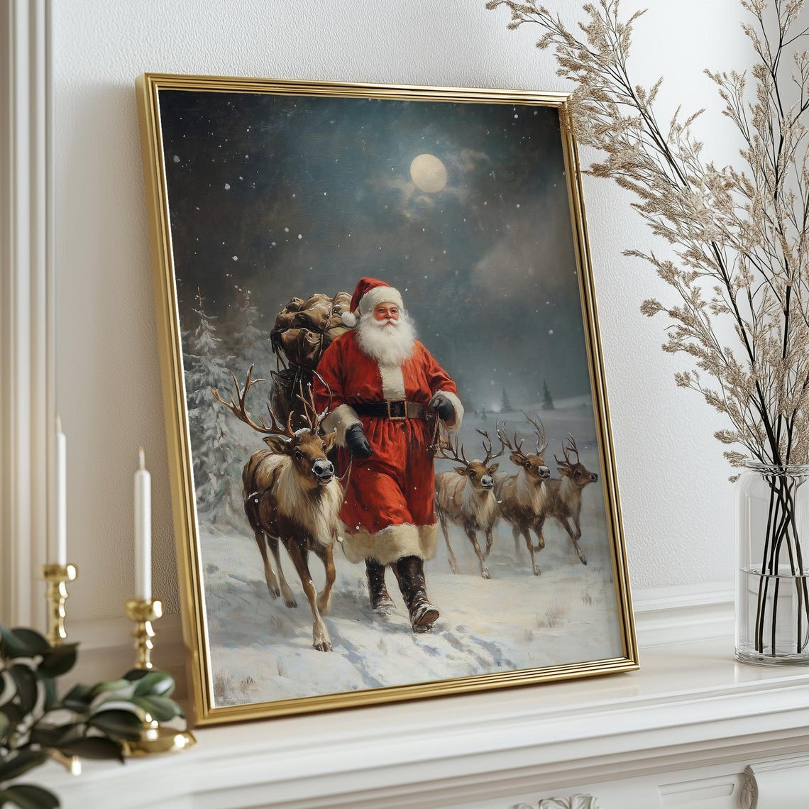 Vintage Santa Claus With Reindeer Under Full Moon Snowy Night Print - Image 3