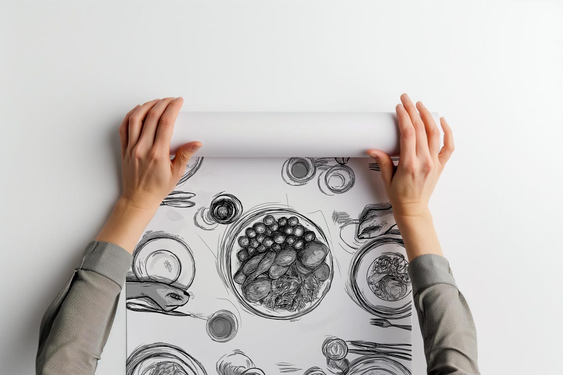 Family Dinner Table Sketch Black and White Dining Room Print - Image 2