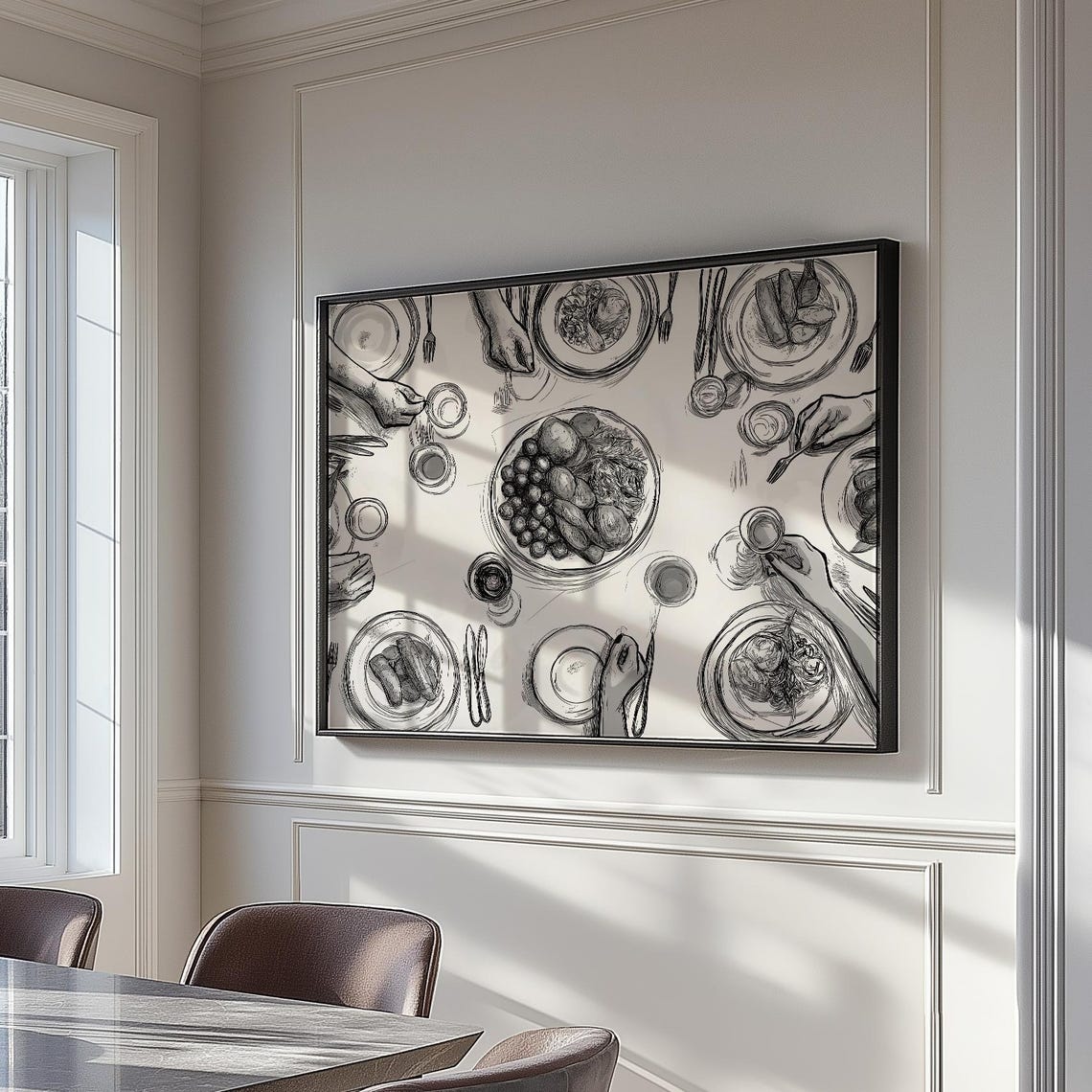 Family Dinner Table Sketch Black and White Dining Room Print