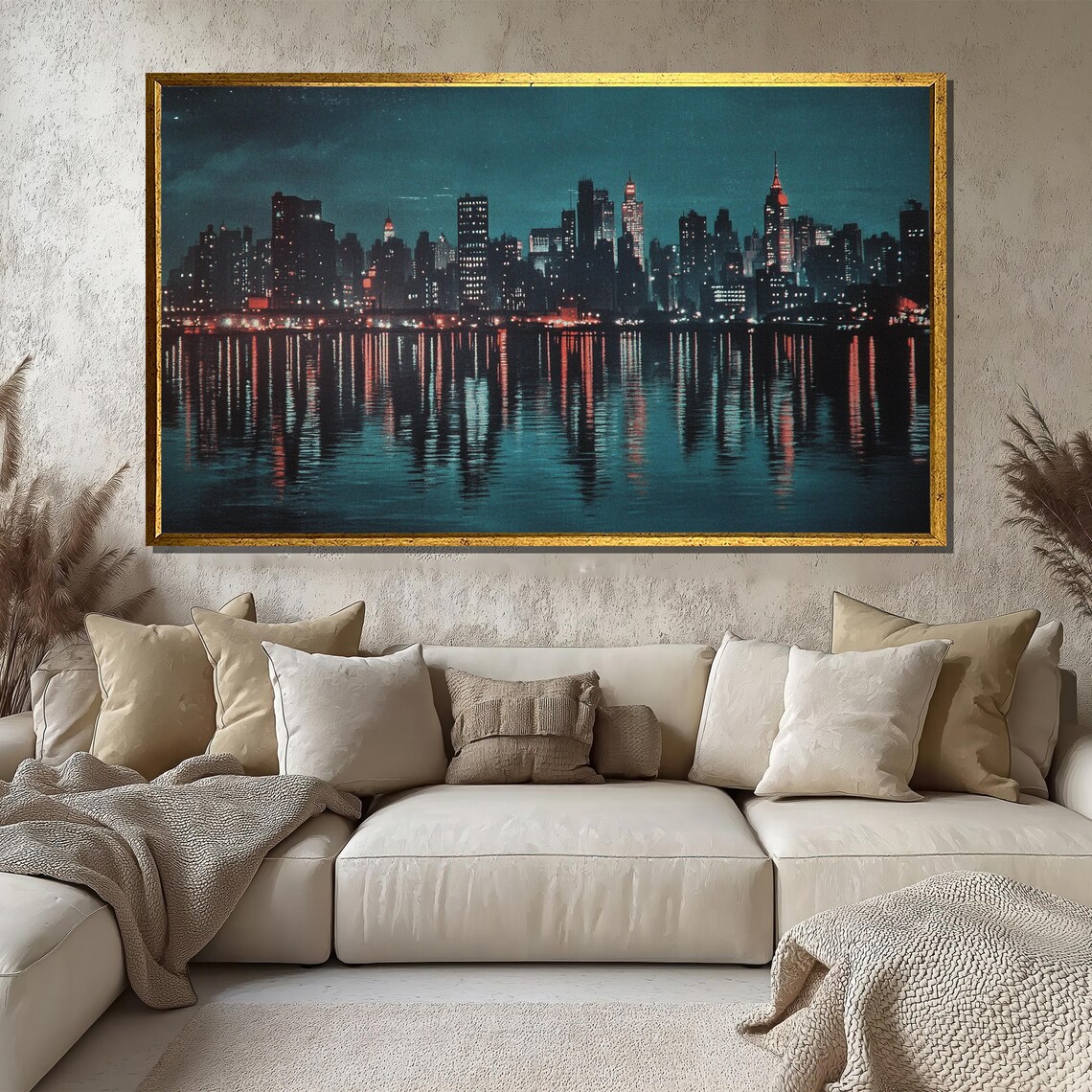 Night Cityscape Reflection, Moody Urban Skyline