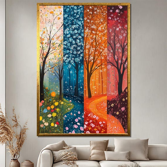 Four Seasons Trees Painting Colorful Nature Wall Art Vibrant Seasonal Landscape Print Artistic Home Decor Large Gift