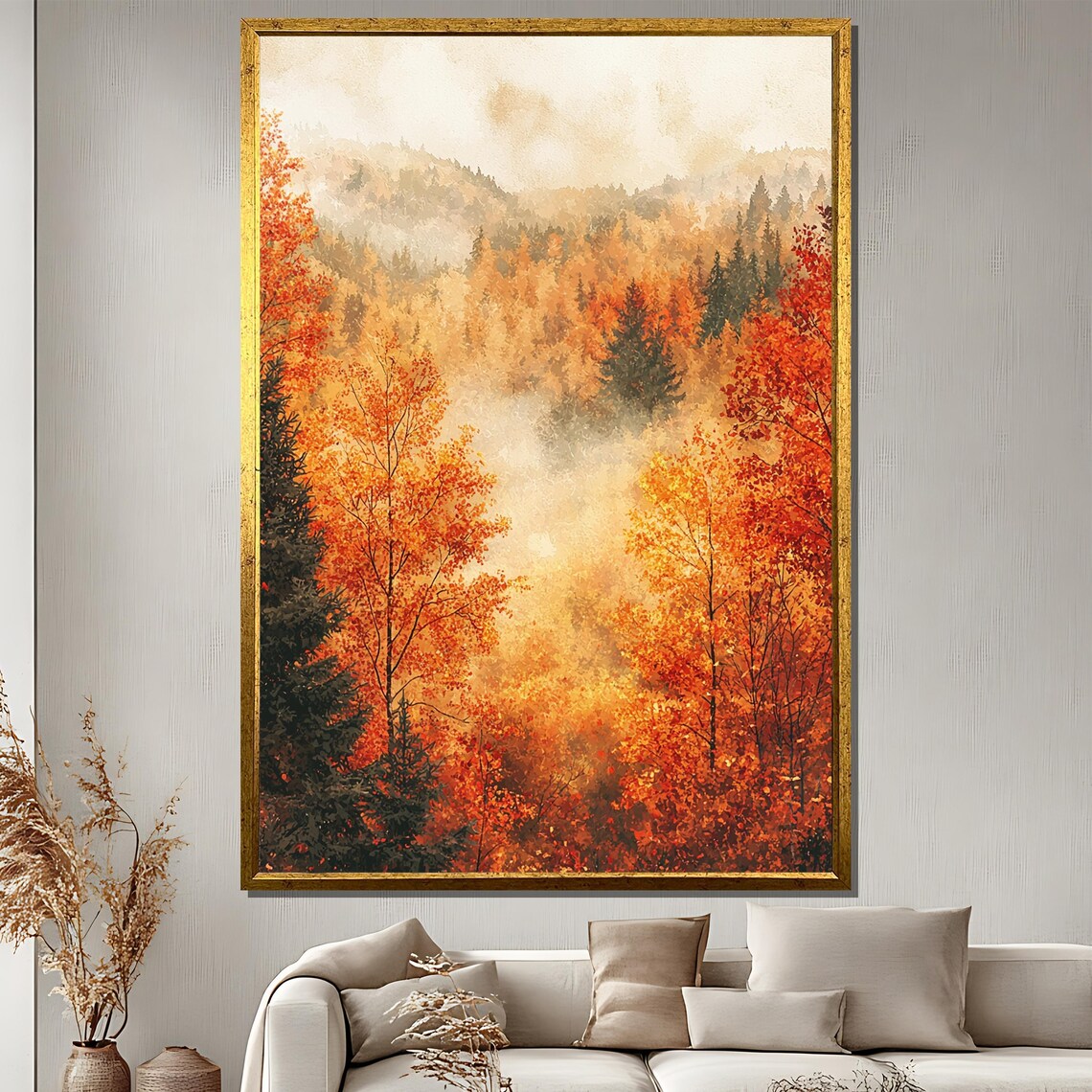 Autumn Forest Painting, Misty Fall Landscape