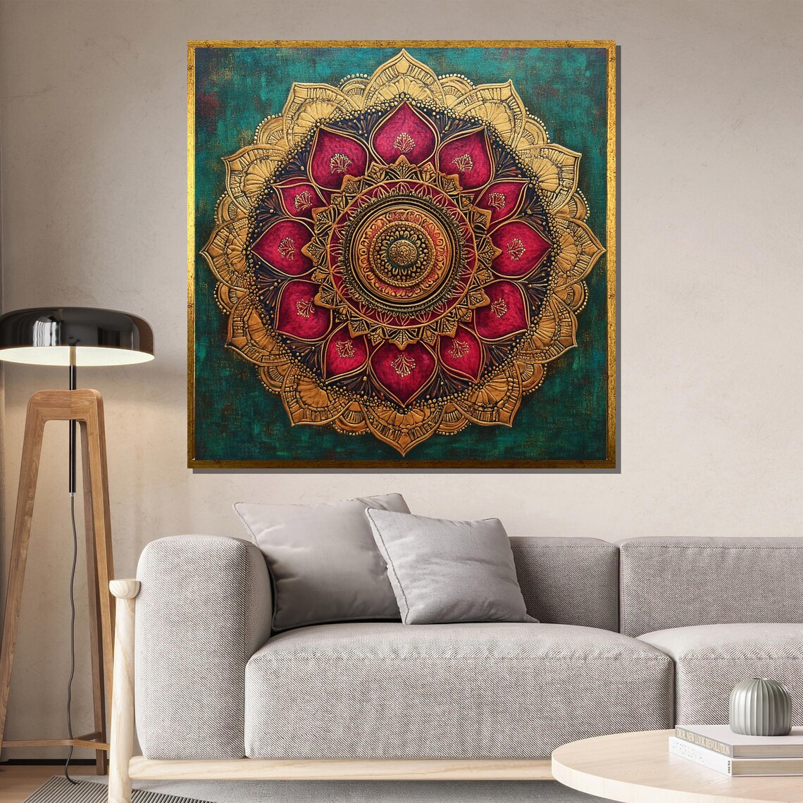 Intricate Red and Gold Mandala on Deep Teal Background Art Print