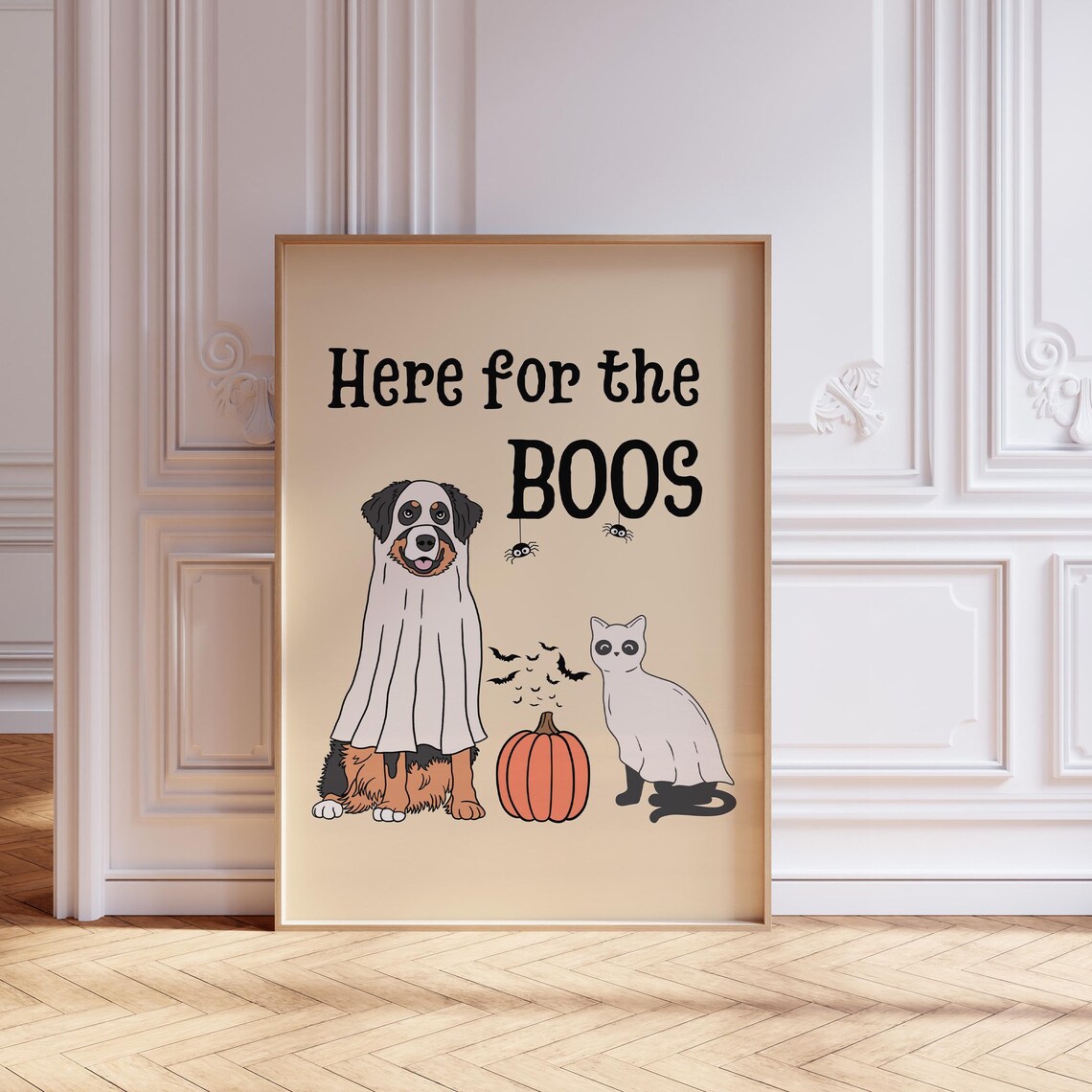Here For The Boos Vintage Halloween Cat Ghost Art Print - Image 3