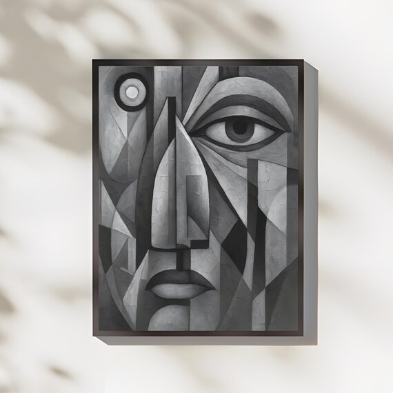 Geometric Cubist Face Fragmented Black Gray Abstract Art Poster