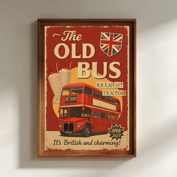 The Old Bus Vintage British Red Double Decker Retro Travel Poster