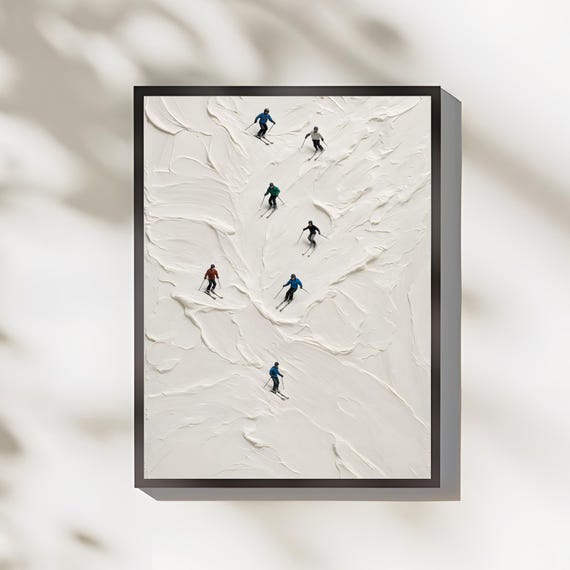 Tiny Mountain Skiers Wall Art Mini Print Winter Minimal Home Decor Cozy Ski Cabin