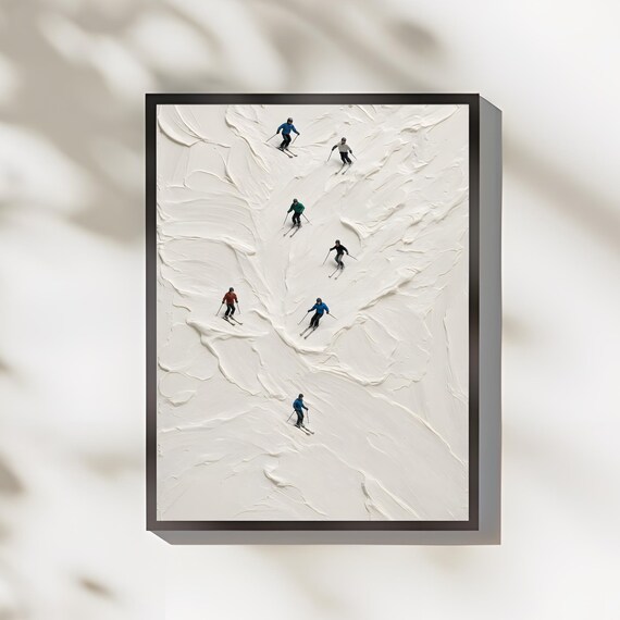 Tiny Skiers Descending Textured Snowy Slope Minimal Winter Art Poster