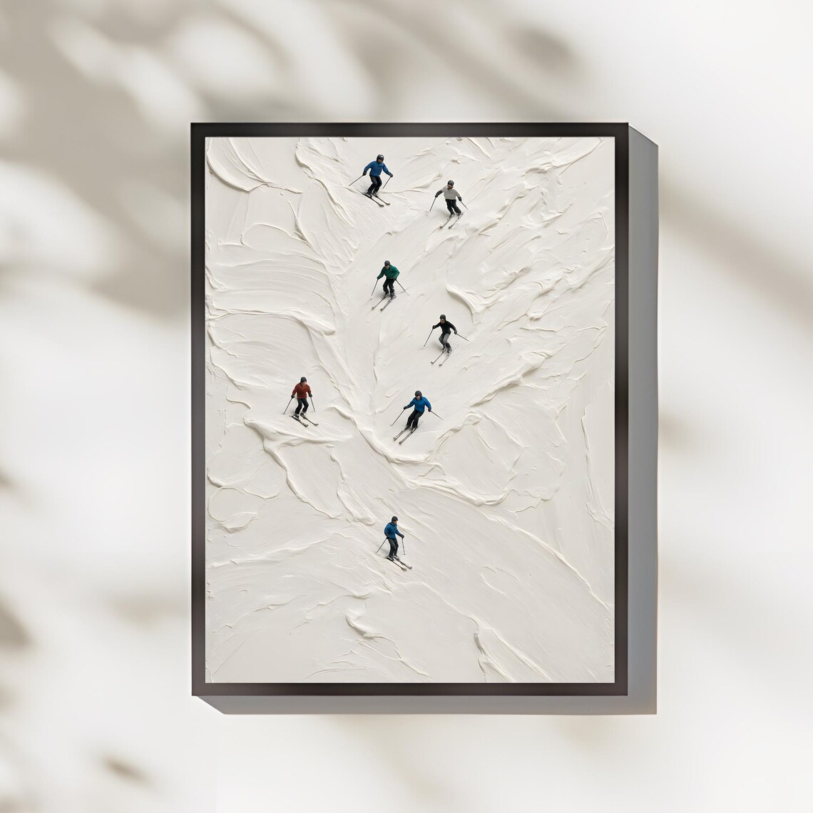 Tiny Skiers Descending Textured Snowy Slope Minimal Winter Art Poster