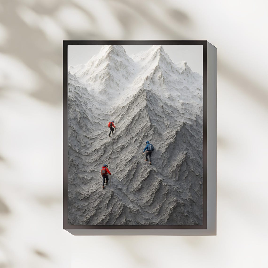 Three Tiny Mountain Climbers Scaling Snowy Peak Adventure Poster