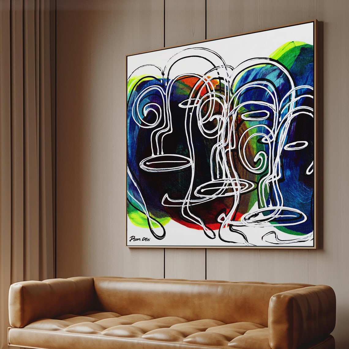Overlapping White Line Faces on a Colorful Background Art Poster