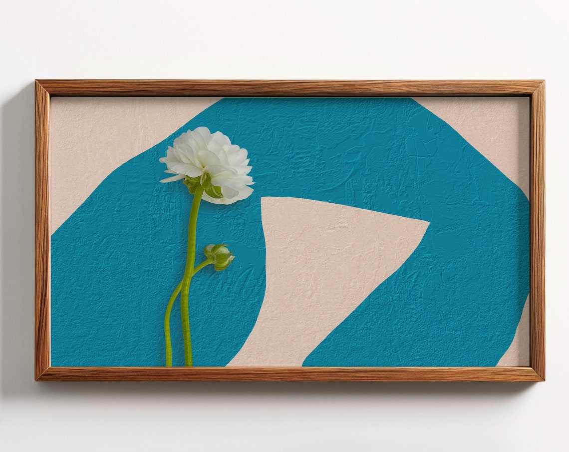 White Ranunculus Flower Teal Abstract Minimalist Botanical Poster