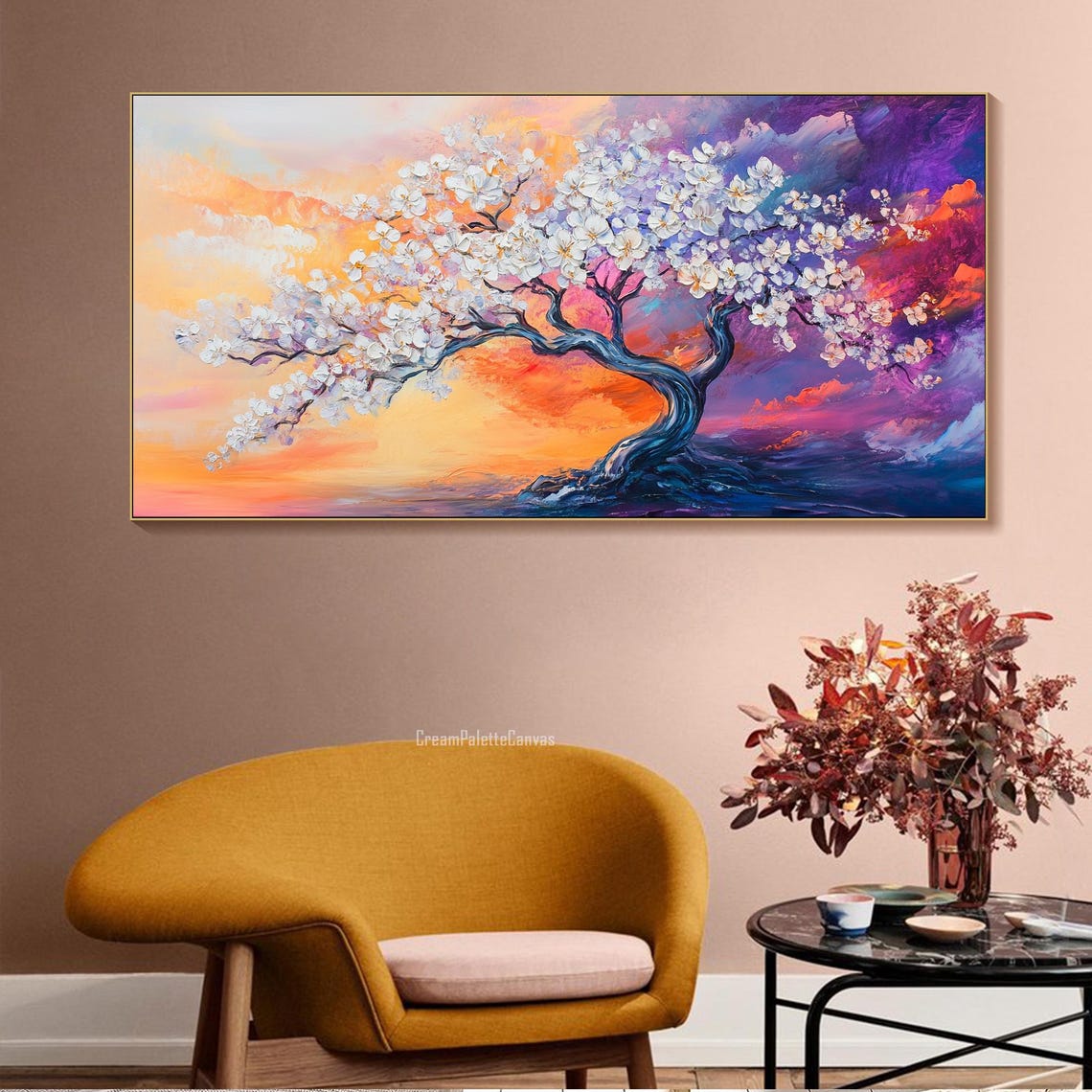 White Blossom Tree Vivid Sunset Textured Oil Painting Wall Art - Image 3