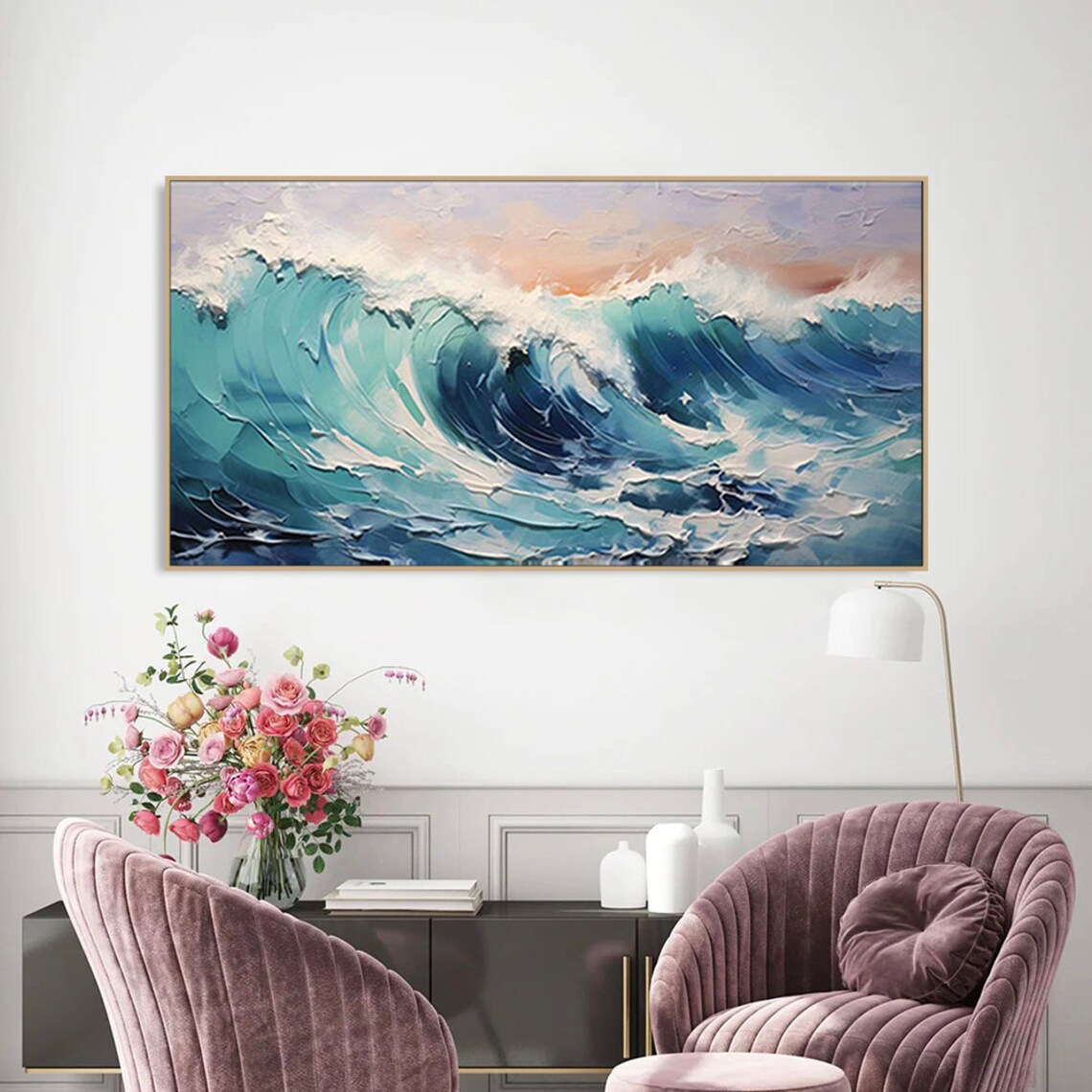 Ocean Wave Oil Painting, Abstract Blue Sea Art Print - Image 3
