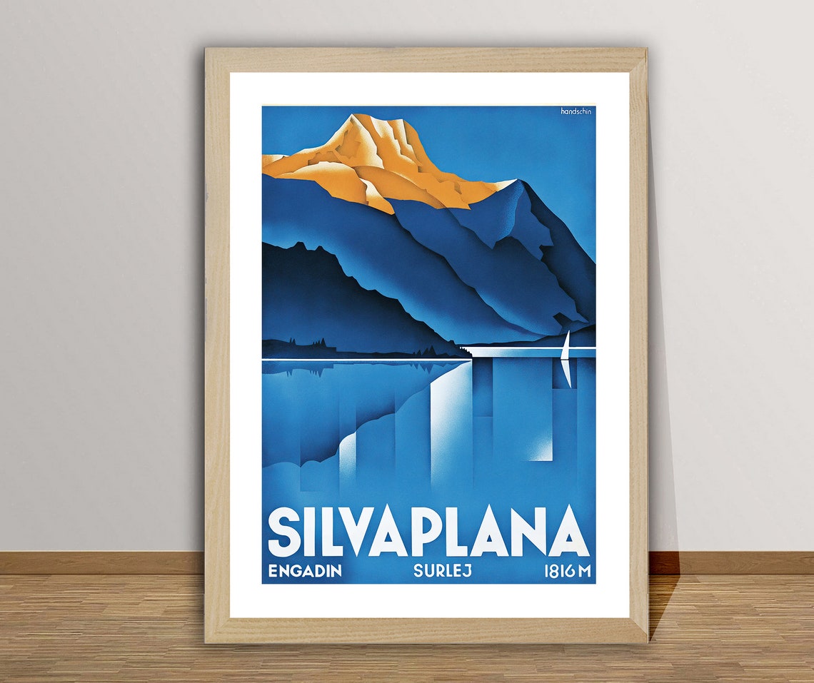 Silvaplana Engadin Surlej Mountain Lake Vintage Swiss Travel Poster