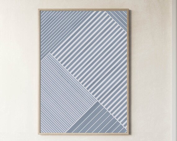 Blue Stripe Print Line Art Blue White Wall Art Modern Minimalist Print Living Room Decor Nusery Wall Art