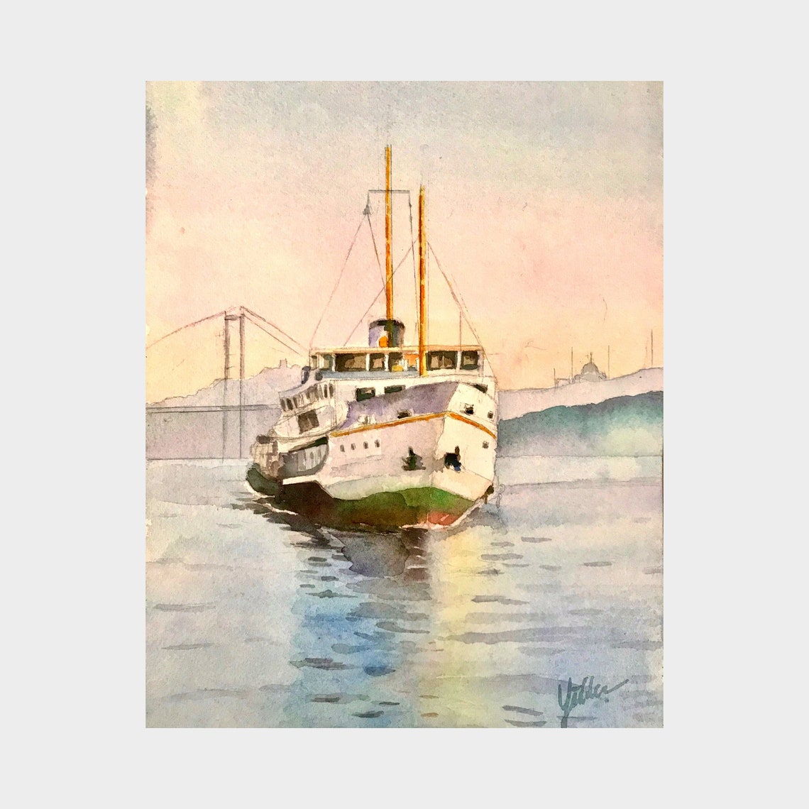 Istanbul Ferry on the Bosphorus Watercolor Poster with Bridge - Image 3