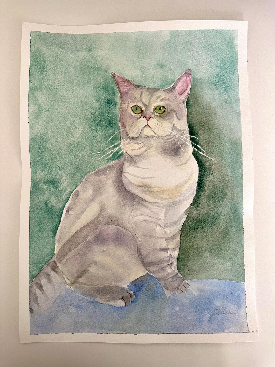Silver Grey Cat with Green Eyes Watercolor Pet Portrait Poster - Image 2