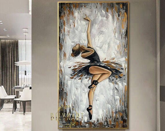 Black Tutu Ballerina Dancer Oil Painting Gray Abstract Wall Art Poster