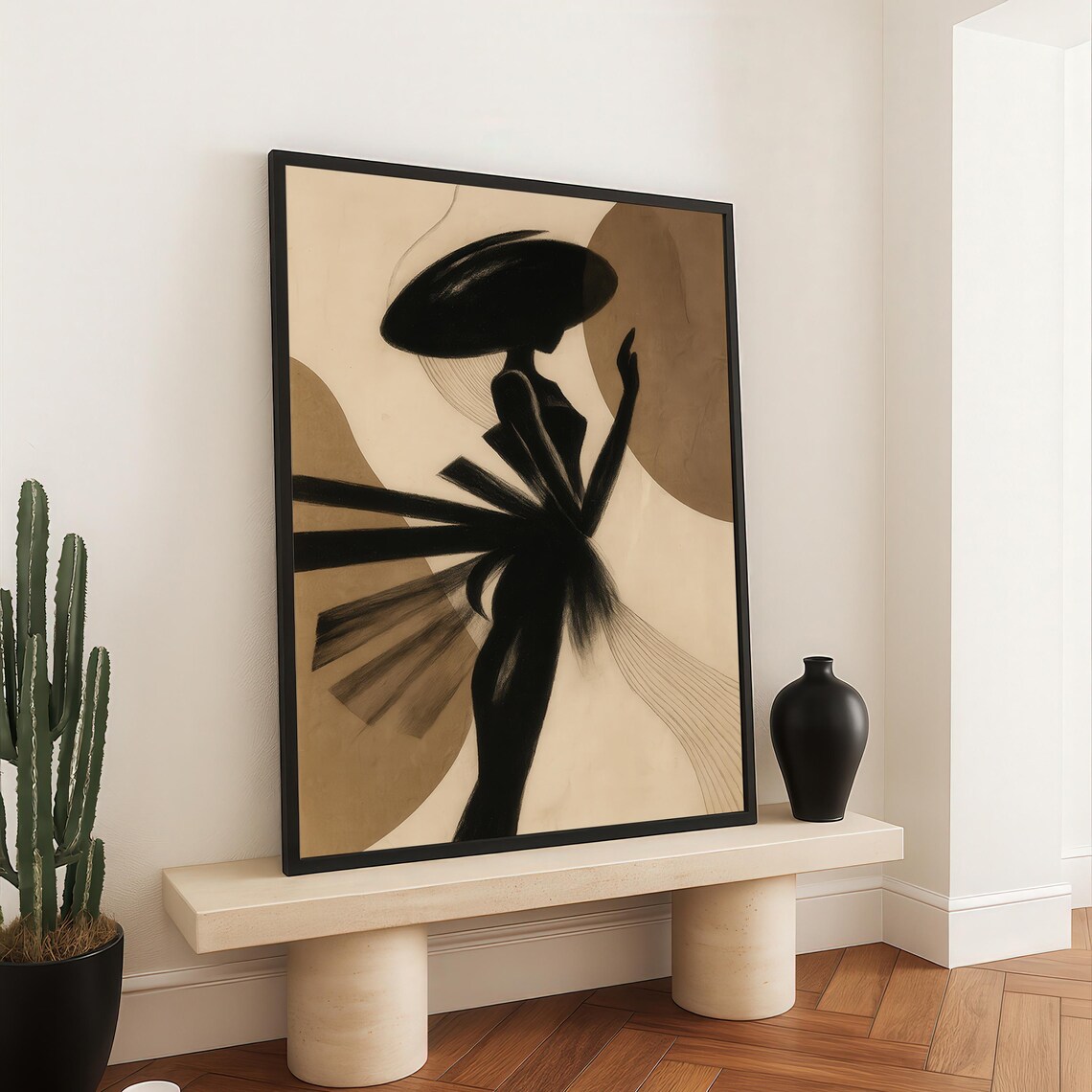 Elegant Fashion Silhouette Woman Wide Hat Minimalist Art Deco Print