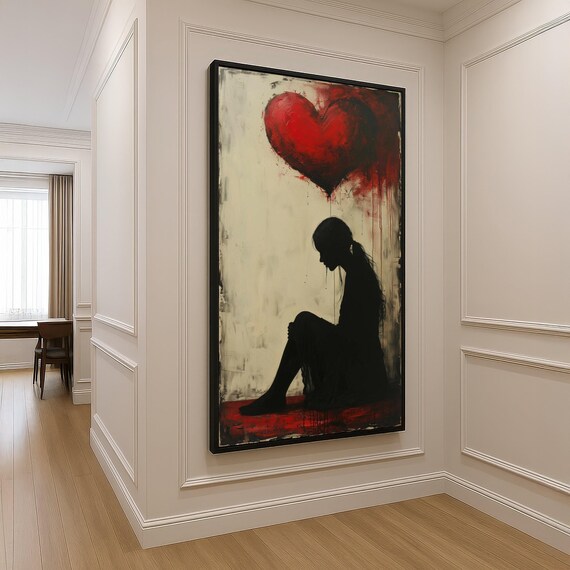 Silhouette Of Sad Girl With Dripping Red Heart Canvas Emotional Wall Art Modern Expressionist Home Decor Love And Loneliness Painting