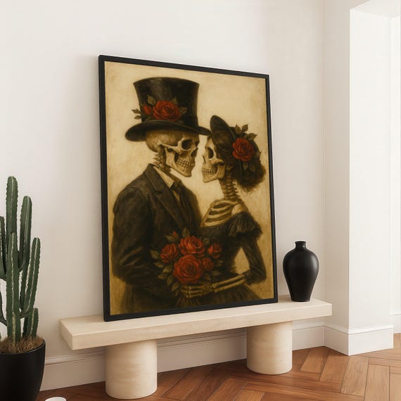 Romantic Skeleton Couple Canvas Wall Art Gothic Love Painting Vintage Skull Illustration Red Rose Bouquet Halloween Home Decor