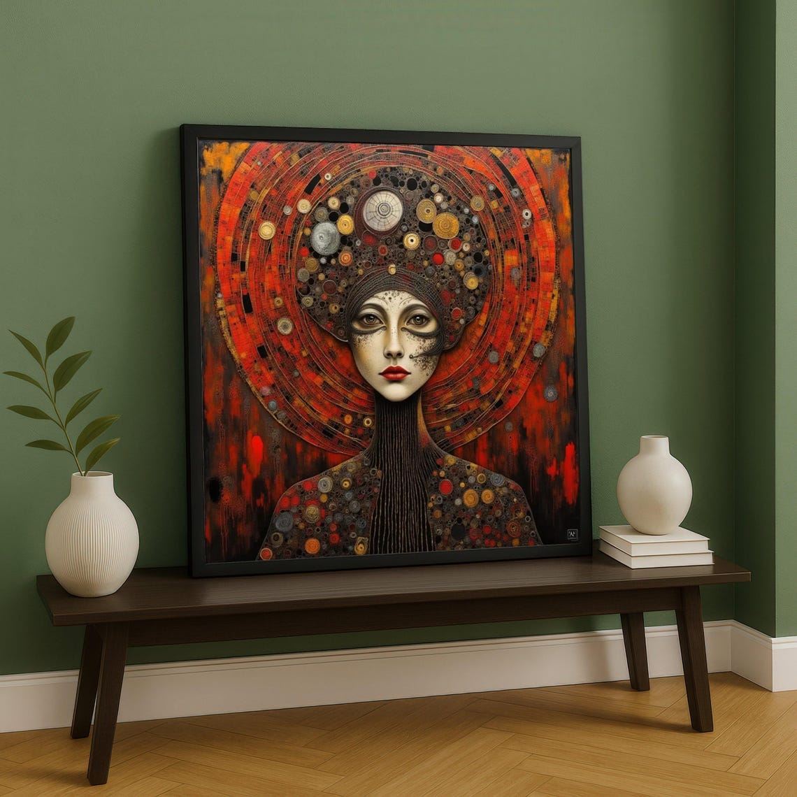Surreal Cosmic Portrait Canvas Abstract Woman Face Wall Art Red And Gold Circular Design Modern Decorative Unique Home Artwork
