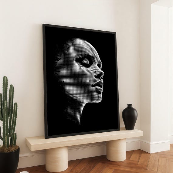 Abstract Dot Matrix Face Profile Canvas Modern Art Black And White Wall Decor Futuristic Portrait Home Decoration