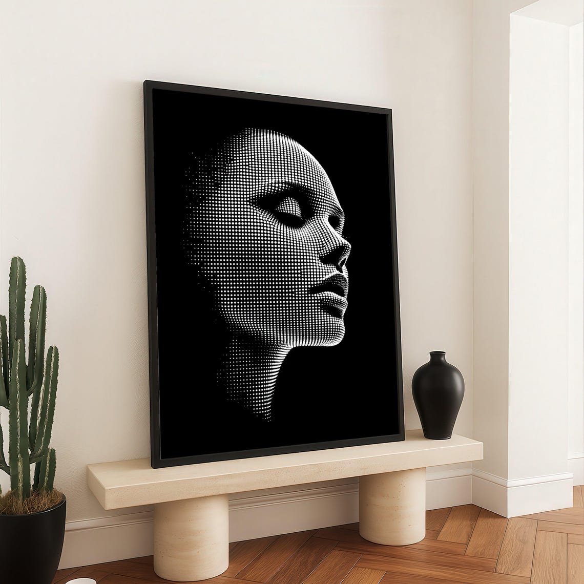 Abstract Dot Matrix Face Profile Canvas Modern Art Black And White Wall Decor Futuristic Portrait Home Decoration