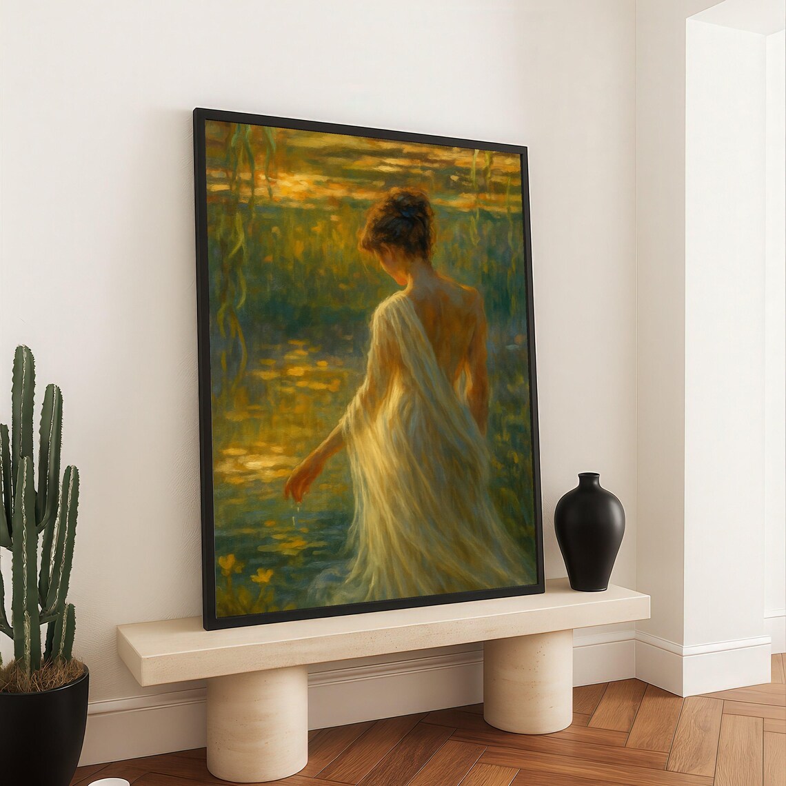 Woman White Dress Golden Pond Impressionist Light Romantic Art Poster