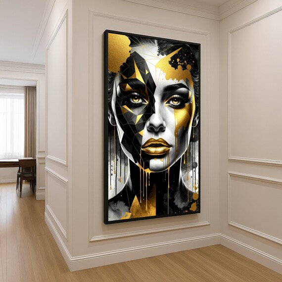 Modern Abstract Woman Portrait Canvas Gold And Black Face Art Geometric Paint Drip Wall Decor Contemporary Makeup Luxe Home