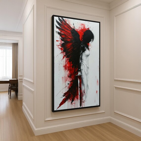 Dark Angel with Sword Red Black Wings Gothic Fantasy Painting Wall Art