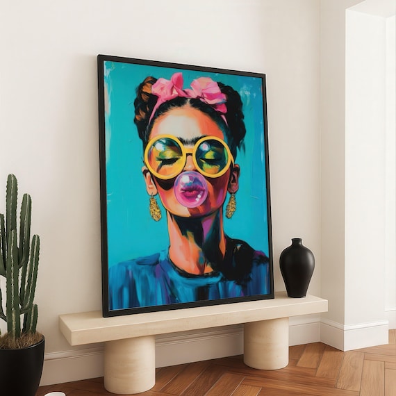 Pop Art Woman Bubblegum Yellow Sunglasses Teal Retro Colorful Poster