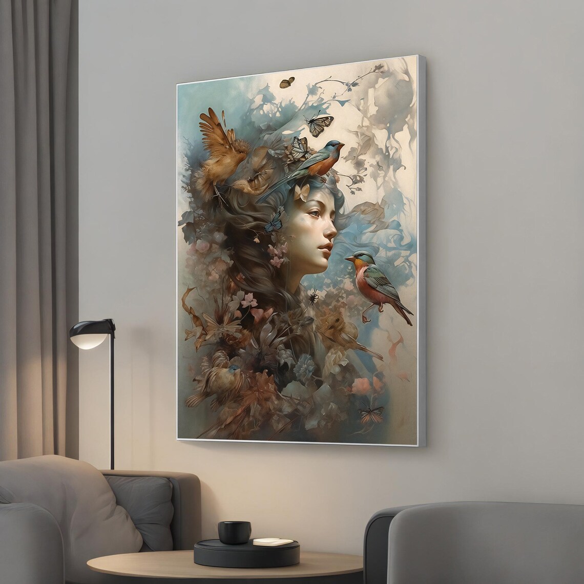 Woman With Birds Butterflies Floral Dream Watercolor Art Poster