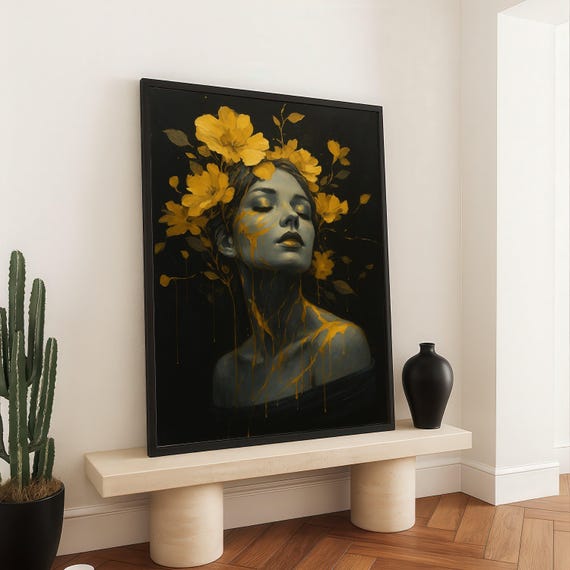 Elegant Woman Portrait With Golden Flowers Canvas Abstract Floral Face Art Modern Drip Paint Design Contemporary Wall Decoration Home