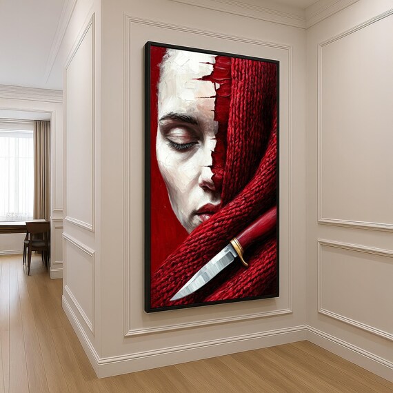 Abstract Woman Face With Red Knit Scarf And Knife Canvas Wall Art Dramatic Portrait Painting Modern Expressionist Home Decor Bold Texture