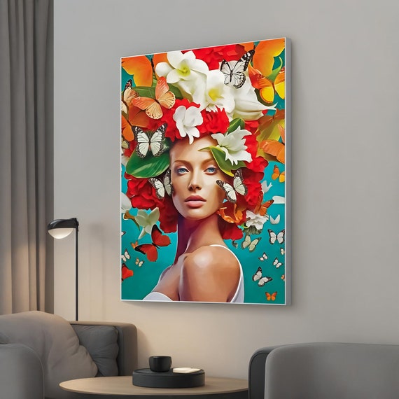 Portrait Of Woman With Colorful Eyes And Butterflies Canvas Painting Fashion Girl Luxury Wall Art Decor Unique