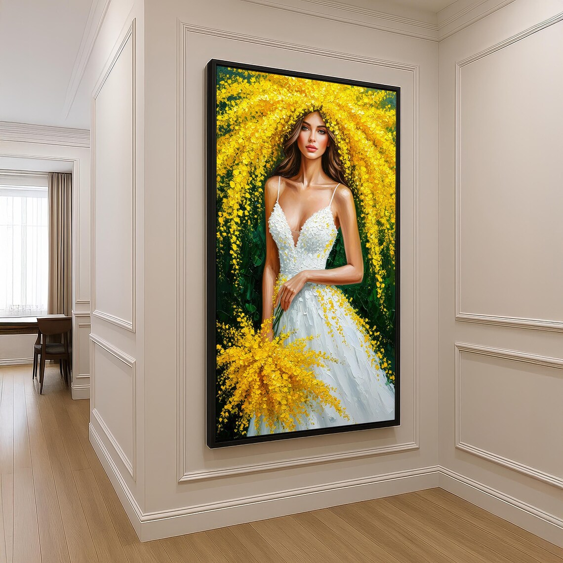 Elegant Woman in White Floral Dress Yellow Blossom Portrait Wall Art
